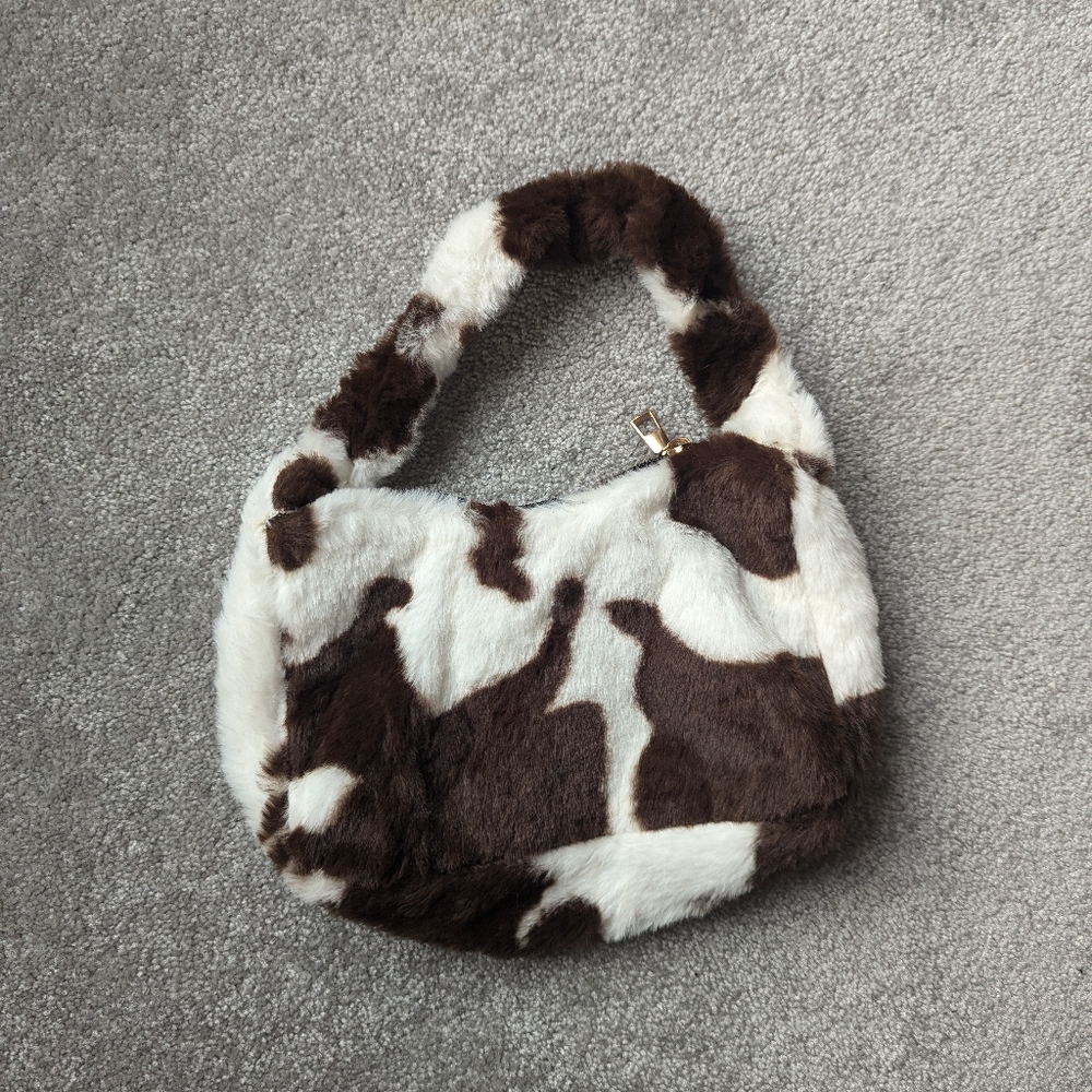 Small fluffy brown cow print purse